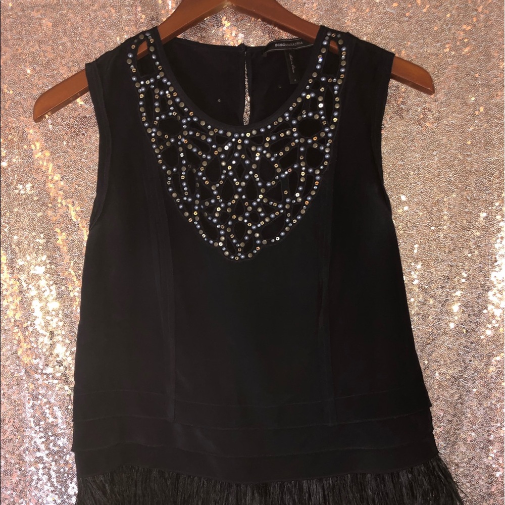 BCBG black feather fringe top
